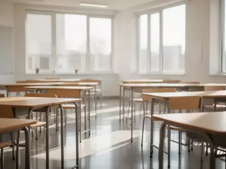 Ein heller, moderner Klassenraum mit leeren Schreibtischen und einfallendem Tageslicht. - Foto: über boerse-global.de
