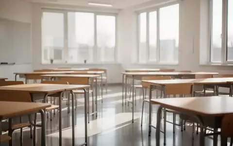 Ein heller, moderner Klassenraum mit leeren Schreibtischen und einfallendem Tageslicht. - Foto: über boerse-global.de