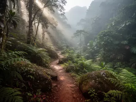 Ein gewundener Pfad durch den dichten, nebligen Regenwald an der brasilianischen Costa Verde. - Foto: über boerse-global.de