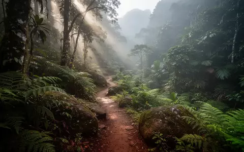 Ein gewundener Pfad durch den dichten, nebligen Regenwald an der brasilianischen Costa Verde. - Foto: über boerse-global.de