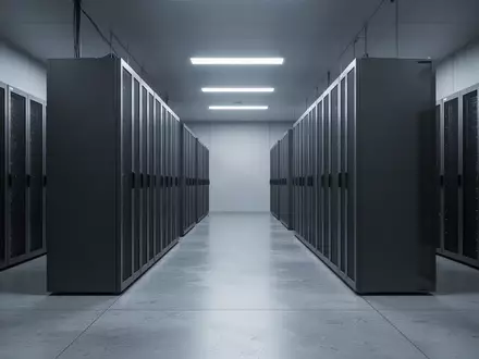 Eine moderne, minimalistische Serverraum-Umgebung mit symmetrisch angeordneten Server-Schränken auf einem Betonboden. - Foto: über boerse-global.de