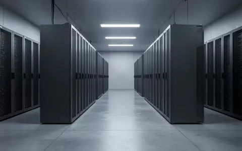 Eine moderne, minimalistische Serverraum-Umgebung mit symmetrisch angeordneten Server-Schränken auf einem Betonboden. - Foto: über boerse-global.de