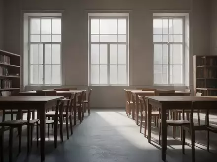 Ein ruhiger, sonnendurchfluteter Lernraum mit leeren Holztischen und Stühlen in einer minimalistischen Umgebung. - Foto: über boerse-global.de