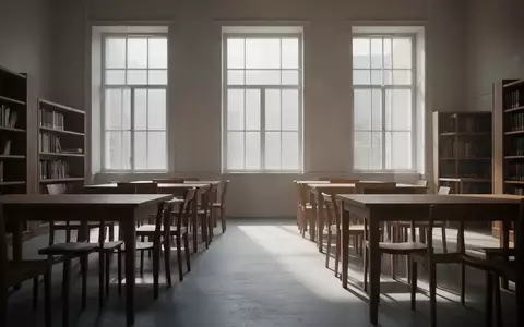 Ein ruhiger, sonnendurchfluteter Lernraum mit leeren Holztischen und Stühlen in einer minimalistischen Umgebung. - Foto: über boerse-global.de