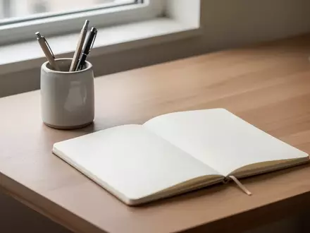 Ein minimalistischer Holzschreibtisch mit einem leeren Notizbuch und einem Stiftehalter in sanftem Tageslicht. - Foto: über boerse-global.de