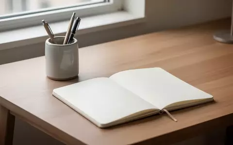 Ein minimalistischer Holzschreibtisch mit einem leeren Notizbuch und einem Stiftehalter in sanftem Tageslicht. - Foto: über boerse-global.de