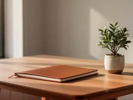 Ein minimalistischer, heller Arbeitsplatz mit einem leeren Notizbuch und einer Pflanze bei natürlichem Tageslicht. - Foto: über boerse-global.de