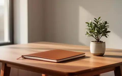 Ein minimalistischer, heller Arbeitsplatz mit einem leeren Notizbuch und einer Pflanze bei natürlichem Tageslicht. - Foto: über boerse-global.de