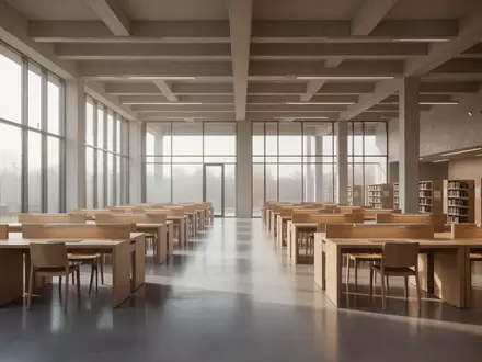 Eine moderne, minimalistische Universitätsbibliothek mit leeren Schreibtischen in hellem, natürlichem Tageslicht. - Foto: über boerse-global.de