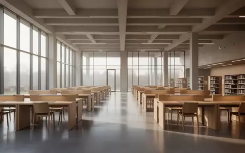 Eine moderne, minimalistische Universitätsbibliothek mit leeren Schreibtischen in hellem, natürlichem Tageslicht. - Foto: über boerse-global.de