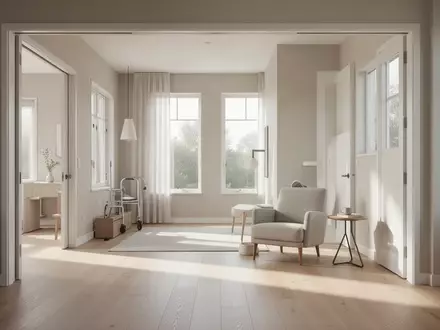 Ein helles, modern eingerichtetes Wohnzimmer mit barrierefreiem Zugang und viel Tageslicht. - Foto: über boerse-global.de