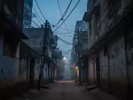 Eine schattige Gasse in Delhi in der Dämmerung mit verworrenen Stromleitungen vor einem tiefblauen Himmel. - Foto: über boerse-global.de