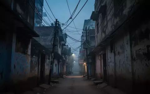 Eine schattige Gasse in Delhi in der Dämmerung mit verworrenen Stromleitungen vor einem tiefblauen Himmel. - Foto: über boerse-global.de