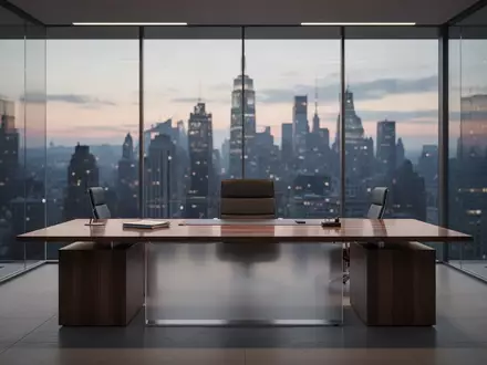 Ein modernes, minimalistisches Büro in der Abenddämmerung mit Blick auf eine verschwommene Skyline. - Foto: über boerse-global.de
