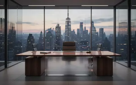 Ein modernes, minimalistisches Büro in der Abenddämmerung mit Blick auf eine verschwommene Skyline. - Foto: über boerse-global.de