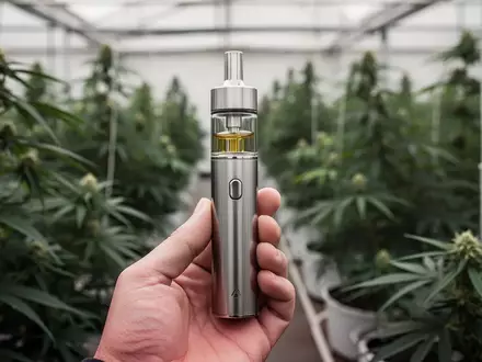 Ein moderner Cannabis-Vaporizer in der Hand vor einem unscharfen Gewächshaus im Hintergrund. - Foto: über boerse-global.de