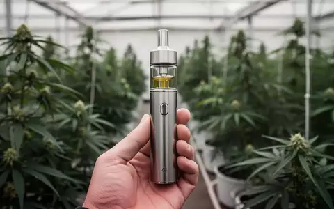Ein moderner Cannabis-Vaporizer in der Hand vor einem unscharfen Gewächshaus im Hintergrund. - Foto: über boerse-global.de