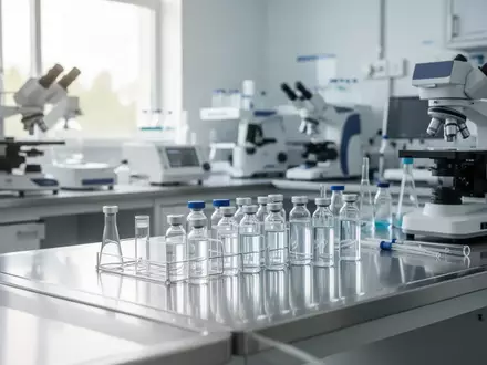 Ein modernes medizinisches Labor mit sterilen Geräten und Glasfläschchen auf einem Edelstahltisch. - Foto: über boerse-global.de