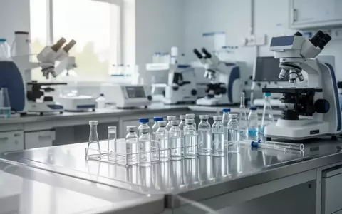 Ein modernes medizinisches Labor mit sterilen Geräten und Glasfläschchen auf einem Edelstahltisch. - Foto: über boerse-global.de