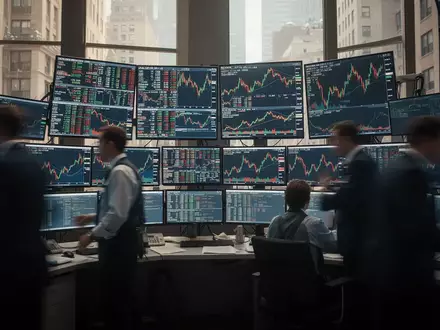 Moderne Börse in New York mit Bildschirmen, die Aktienkurse anzeigen, während der Handel läuft. - Foto: über boerse-global.de