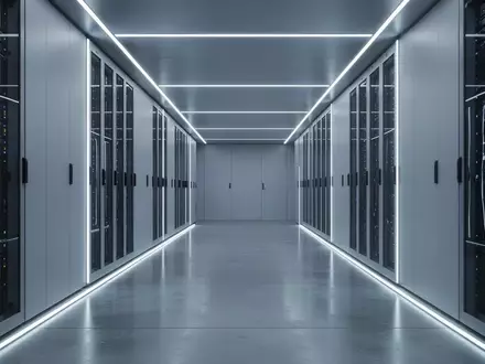 Ein minimalistischer, moderner Serverraum mit kühler Beleuchtung und reflektierendem Boden. - Foto: über boerse-global.de