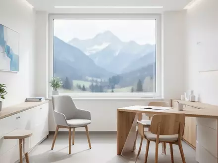 Ein heller, moderner Beratungsraum in einer bayerischen Klinik mit Blick auf eine Alpenlandschaft. - Foto: über boerse-global.de