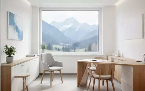 Ein heller, moderner Beratungsraum in einer bayerischen Klinik mit Blick auf eine Alpenlandschaft. - Foto: über boerse-global.de