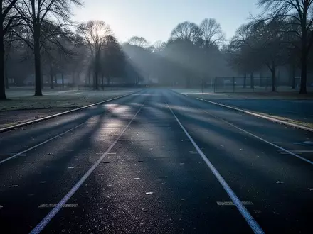 Eine leere, in kühles Morgenlicht getauchte Laufbahn in einem Park, die eine ruhige und nachdenkliche Stimmung vermittelt. - Foto: über boerse-global.de