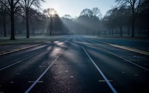 Eine leere, in kühles Morgenlicht getauchte Laufbahn in einem Park, die eine ruhige und nachdenkliche Stimmung vermittelt. - Foto: über boerse-global.de