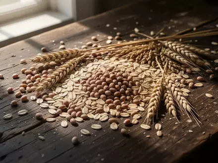 Verschiedene naturbelassene Vollkorngetreide auf einem dunklen Holztisch in natürlichem Licht. - Foto: über boerse-global.de