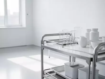 Ein minimalistischer, heller medizinischer Untersuchungsraum mit leeren Glasbehältern auf einem Edelstahltisch. - Foto: über boerse-global.de