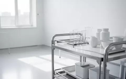 Ein minimalistischer, heller medizinischer Untersuchungsraum mit leeren Glasbehältern auf einem Edelstahltisch. - Foto: über boerse-global.de