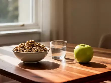 Ein minimalistisch gedeckter Frühstückstisch mit Walnüssen und einem Apfel in natürlichem Tageslicht. - Foto: über boerse-global.de