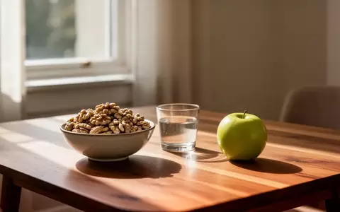 Ein minimalistisch gedeckter Frühstückstisch mit Walnüssen und einem Apfel in natürlichem Tageslicht. - Foto: über boerse-global.de