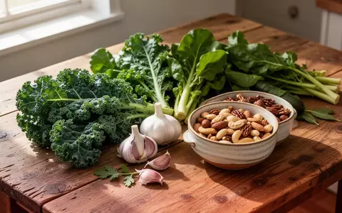Frische, unverarbeitete Lebensmittel wie Blattgemüse, Knoblauch und Nüsse auf einem hölzernen Küchentisch bei natürlichem Licht. - Foto: über boerse-global.de