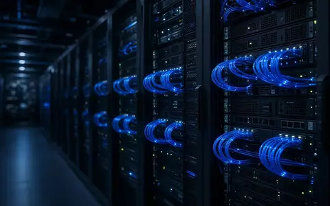 Moderne Serveranlage mit blau leuchtenden Glasfaserkabeln in einem professionellen Rechenzentrum. - Foto: über boerse-global.de