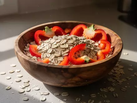 Eine hölzerne Schüssel mit Haferflocken und frischen Paprikastreifen auf einer Küchenoberfläche. - Foto: über boerse-global.de