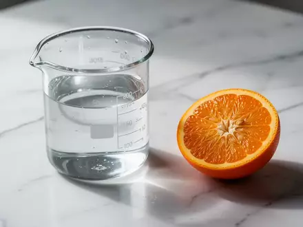 Ein halbiertes Zitrusfruchtstück neben einem mit Wasser gefüllten Laborglas auf einer weißen Oberfläche. - Foto: über boerse-global.de