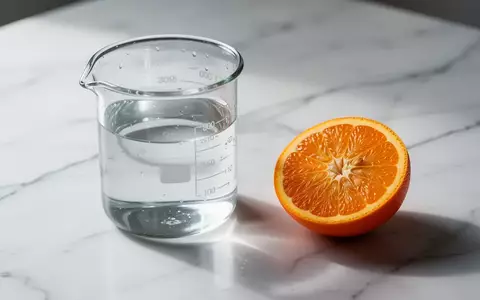Ein halbiertes Zitrusfruchtstück neben einem mit Wasser gefüllten Laborglas auf einer weißen Oberfläche. - Foto: über boerse-global.de