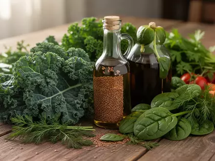 Frisches grünes Gemüse und eine dunkle Flasche Leinöl auf einem rustikalen Holztisch zur Darstellung entzündungshemmender Ernährung. - Foto: über boerse-global.de