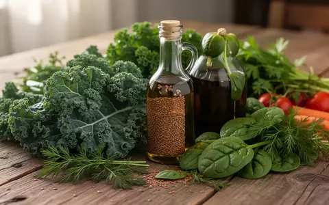 Frisches grünes Gemüse und eine dunkle Flasche Leinöl auf einem rustikalen Holztisch zur Darstellung entzündungshemmender Ernährung. - Foto: über boerse-global.de