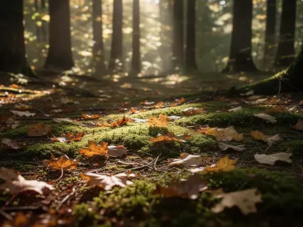 Sonnenlicht fällt durch ein dichtes Baumdach auf einen mit Moos und Herbstblättern bedeckten Waldboden. - Foto: über boerse-global.de