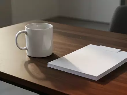 Ein minimalistischer Arbeitsplatz mit einem hölzernen Schreibtisch, einer weißen Keramiktasse und weichem Tageslicht. - Foto: über boerse-global.de
