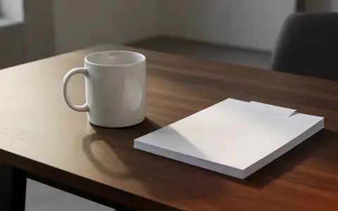 Ein minimalistischer Arbeitsplatz mit einem hölzernen Schreibtisch, einer weißen Keramiktasse und weichem Tageslicht. - Foto: über boerse-global.de