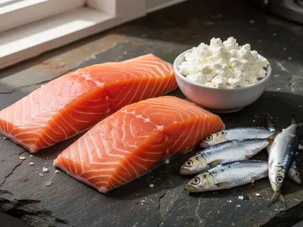 Frische Lachsfilets, Hüttenkäse und Sardinen auf einer dunklen Steinoberfläche als natürliche Vitamin-B12-Quellen. - Foto: über boerse-global.de