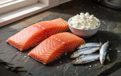 Frische Lachsfilets, Hüttenkäse und Sardinen auf einer dunklen Steinoberfläche als natürliche Vitamin-B12-Quellen. - Foto: über boerse-global.de
