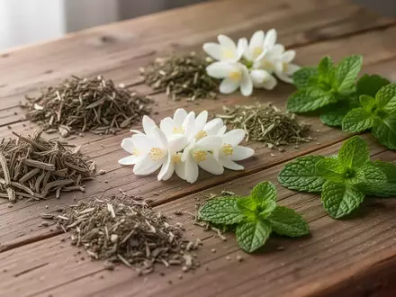 Trockene Heilkräuter, Jasminblüten und Minzblätter auf einem rustikalen Holztisch bei natürlichem Licht. - Foto: über boerse-global.de