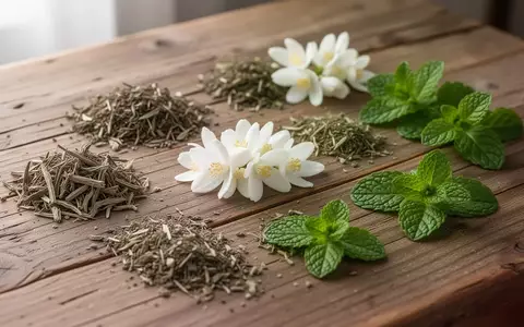 Trockene Heilkräuter, Jasminblüten und Minzblätter auf einem rustikalen Holztisch bei natürlichem Licht. - Foto: über boerse-global.de