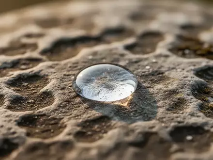 Ein einzelner Wassertropfen auf einer strukturierten, verwitterten Steinoberfläche im natürlichen Licht. - Foto: über boerse-global.de