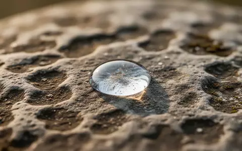 Ein einzelner Wassertropfen auf einer strukturierten, verwitterten Steinoberfläche im natürlichen Licht. - Foto: über boerse-global.de